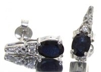 Genuine Oval Sapphire & White Zircon Earrings