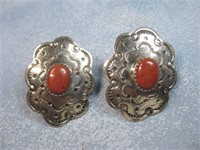 Navajo Coral & Nickel Concho Earrings