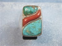 Vtg Navajo Turquoise & Coral Men's Ring