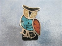 Vtg Multi-Stone Chip Inlay Owl SW Ring