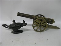 14" Long Brass Cannon & Metal Aladdin Lamp