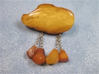 Vintage Amber Brooch w/ Amber Beads Unmarked