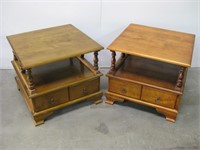 Vtg Pair Wood 2-Tier Wood End Tables w/ Drawers