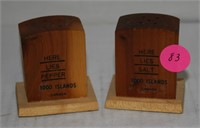 SET OF WOOD ADVERTISING S/P SHAKERS