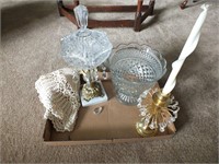 CUT GLASS DISHES AND CANDLESTICK