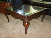 WOOD COFFEE TABLE WITH GLASS INSERT
