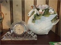 MANTLE CLOCK AND DISTRESSED PORCELAIN SWANS