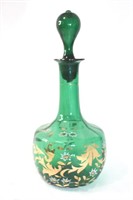 Vintage green bohemian glass decanter with lid