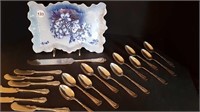 ANTIQUE PETAL EDGE TRAY + SPOONS + BUTTER KNIVES +