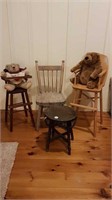 CHILD'S CHAIR + WICKER TABLE + 2 DOLL HIGH CHAIRS+