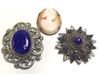 Group of Vintage Sterling Lapis & Cameo Pins