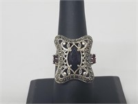 .925 Sterling Silver Ruby/Marcasite Ring