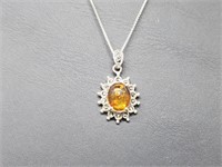 .925 Sterl Amber/Marcasite Pendant & Chain