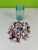 Blue  Mason Jar of Old  Marbles includes Shooter's