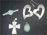 4 X Bid Sterling Turquoise Jewelry Cross Marked