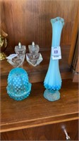 Fenton aqua blue opalescent vase and fairy lamp