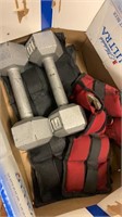 Box of dumbells, weight bags, and other weights