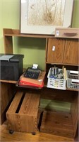 wooden desk, printer stand, desk chair