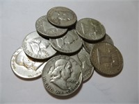 10 pcs. Franklin Half Dollars 90% Silver
