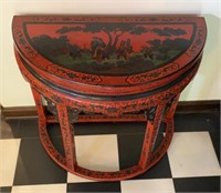 Chinese Red Black Laquered Demi-Lune Table