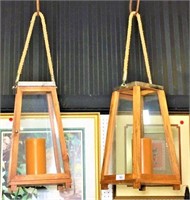 Pair of Porch Wood & Glass Candle Lanterns