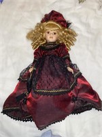 Porcelain Doll Burgandy Dress Blond Hair