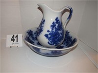 Flow Blue Style Bowl & Pitcher (11" Tall, Bowl is