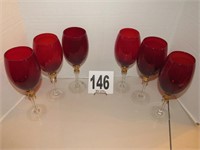 (6) 10" Tall Gold Trimmed Ruby Red Stemmed