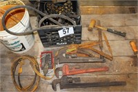 (3) Pipe Wrenches, Drill Bits and Misc. Tools