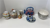 (3) ceramic trinket eggs, tea set, bowls