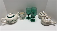 Teapot w/ matching mug, (3) stemmed glasses, (2)