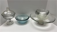 Glass cake stand, bakeware dishes, covered candy