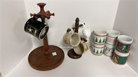 (2) wood coffee mug trees w/ (10) assorted mugs