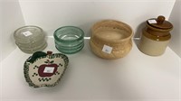 Ceramic pot, stoneware crock w/ lid, glass