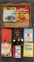 Box of assorted books (Bible, cookbooks, health
