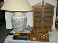 LARGE POTTERY TABLE LAMP, GE CLOCK RADIO, WALL