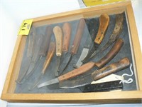 GROUP HOOF KNIVES IN WOOD DISPLAY CASE