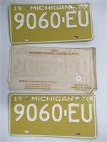 Pair NOS 1970 Michigan License Plates in Sleeve.
