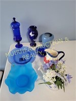 BLUE GLASS VASES PITCHER ETC