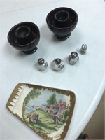 mini salt & pepper shakers, insulators, and plate