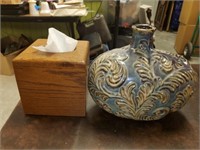 pottery vase and a wood tissue box