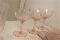 Pink depression glass wine, champagne, 3 dessert