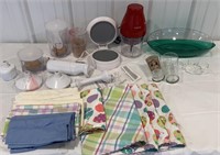 Box of kitchen - table linens, glassware, Philips
