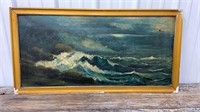 Old painting on canvas - tidal waves - canvas has