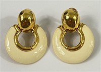 Monet Goldtone & Ivory Hoop Clip on Earrings