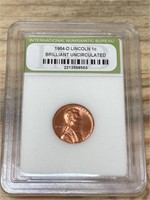 1964 D Lincoln Brilliant Uncirculated Penny Coin