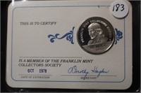 1977 Franklin Mint .925 Silver Membership Token