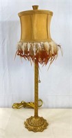 Candlestick Lamp w/Feathers & Beads Shade