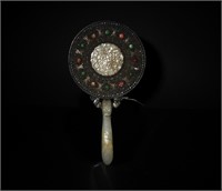 Chinese Silver Enameled Mirror w/ Jade, 19th C#