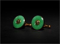 Chinese Pair of 18K Gold Earrings w/ Jadeite